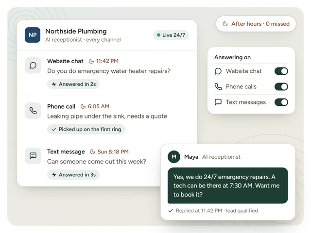 White-label AI receptionist inbox for a client plumbing business, answering a website chat, a phone call, and a text after hours within seconds