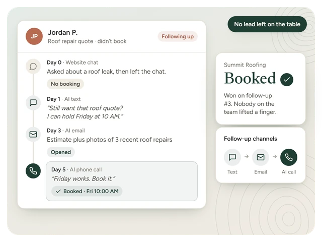 AI follow-up sequence that wins back a lead who did not book, moving from a text to an email to an AI phone call that books the job