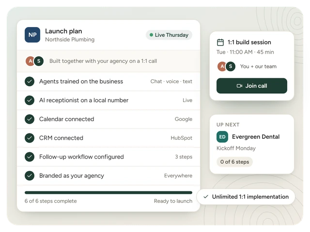 Client launch plan completed with the agency in a one-on-one build session: agents trained, calendar and CRM connected, and everything branded as the agency