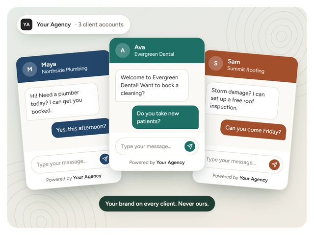 Three white-label chatbot widgets for different client businesses, each in its own brand colors and powered by the agency's brand instead of ours