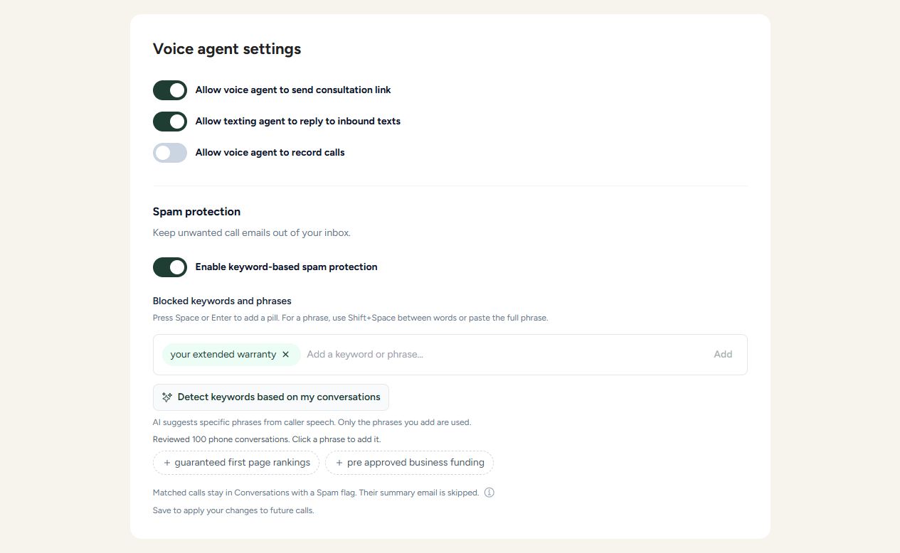 Voice settings with spam protection enabled, removable keyword pills, and AI-suggested phrases to add
