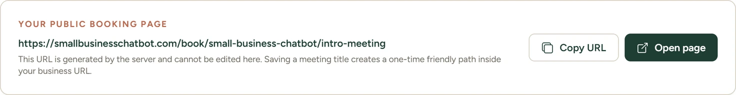 The Your public booking page card with the booking link and the Copy URL and Open page buttons
