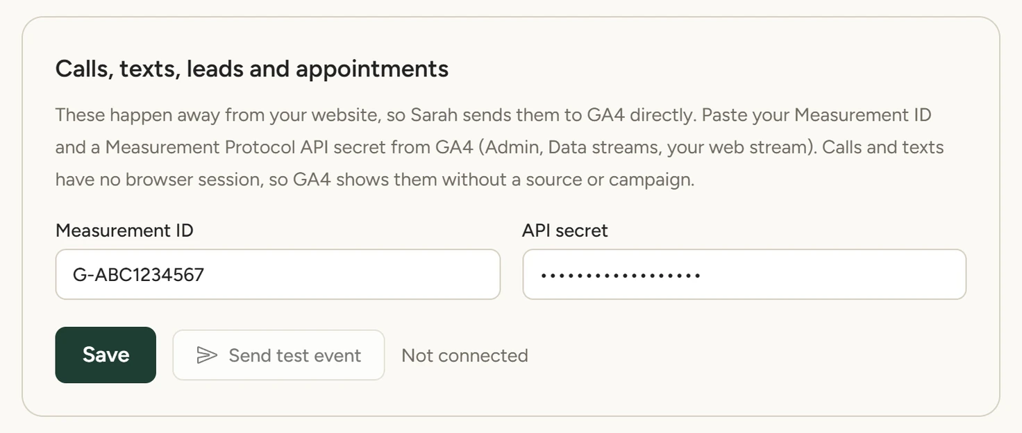 The Calls, texts, leads and appointments card with an example Measurement ID, a hidden API secret, and the Save and Send test event buttons
