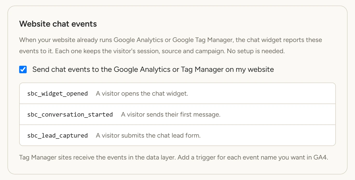 The Website chat events card with its box ticked and the three website events listed