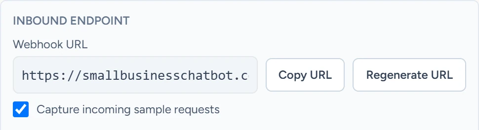 The Inbound Webhook trigger's webhook URL with Copy URL and Regenerate URL buttons