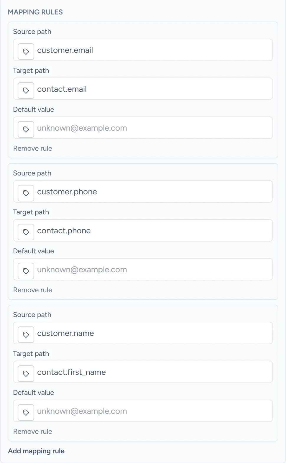 Three mapping rules that copy the customer's email, phone and name into contact fields