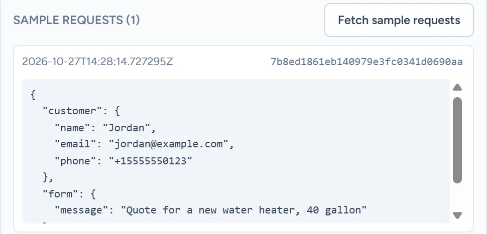One captured sample request with a customer object and a form message asking for a water heater quote
