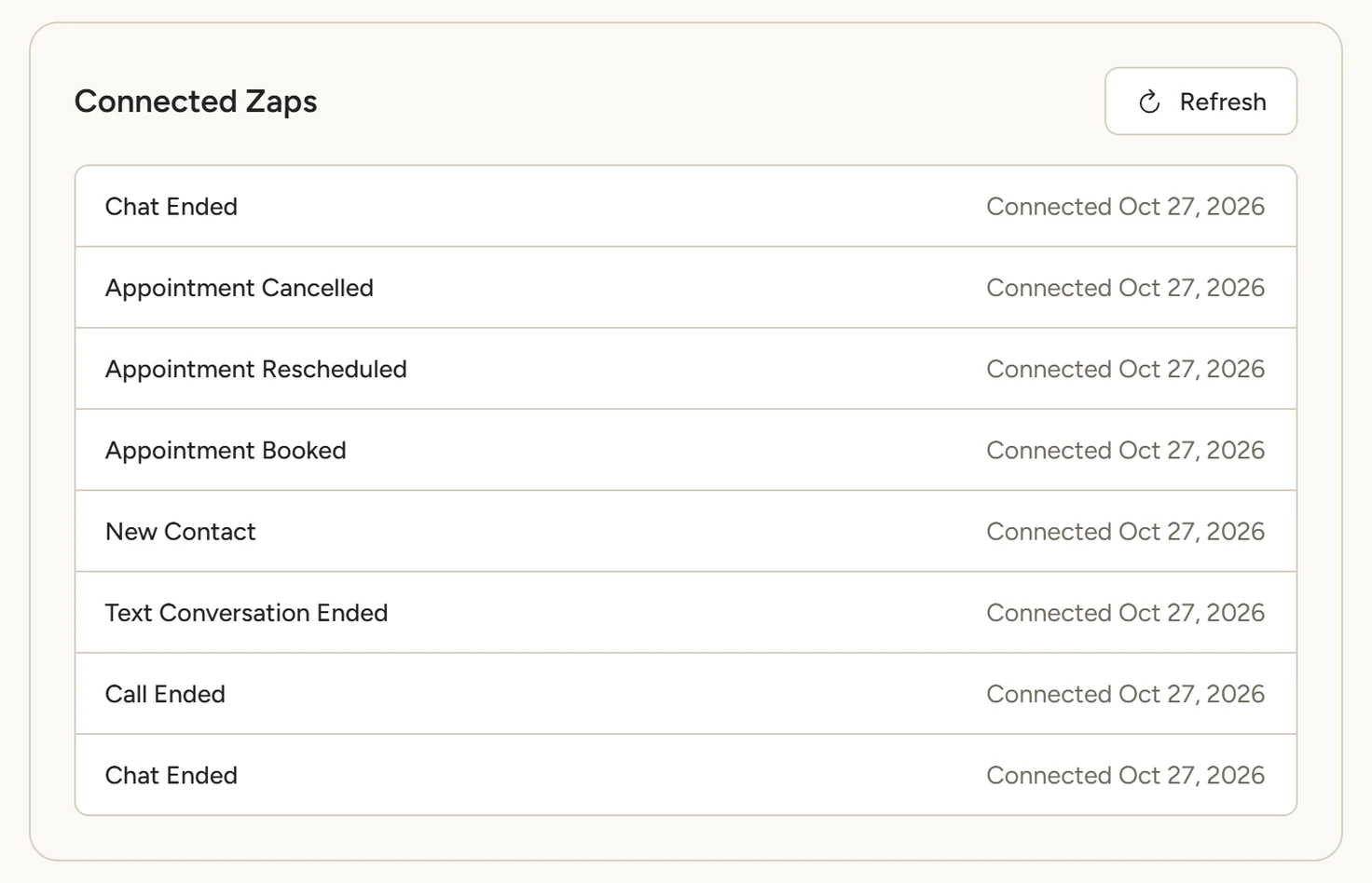 The Connected Zaps list with one Chat Ended Zap and its connected date