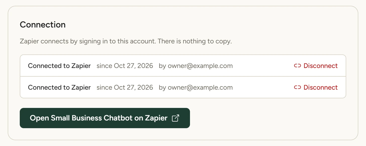 The Zapier panel's Connection card with two Zapier connections, each with a Disconnect link, and the Open Small Business Chatbot on Zapier button