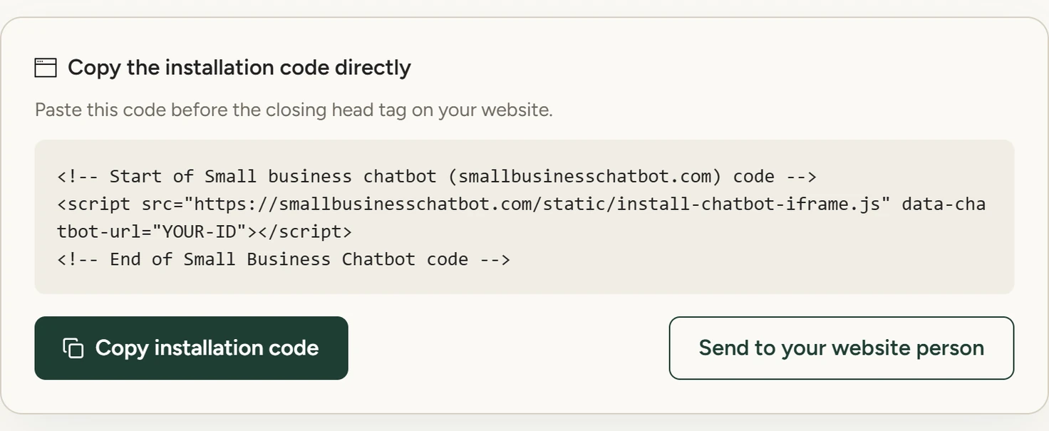 The installation code card with the code, the Copy installation code button and the Send to your website person button