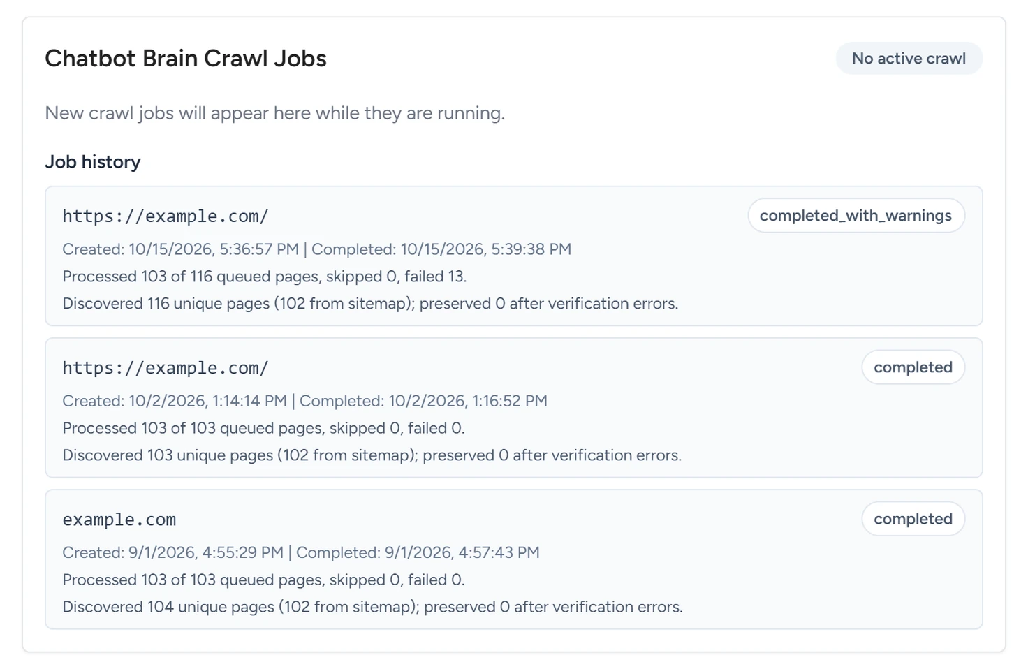 The Chatbot Brain Crawl Jobs card with two completed scans in Job history