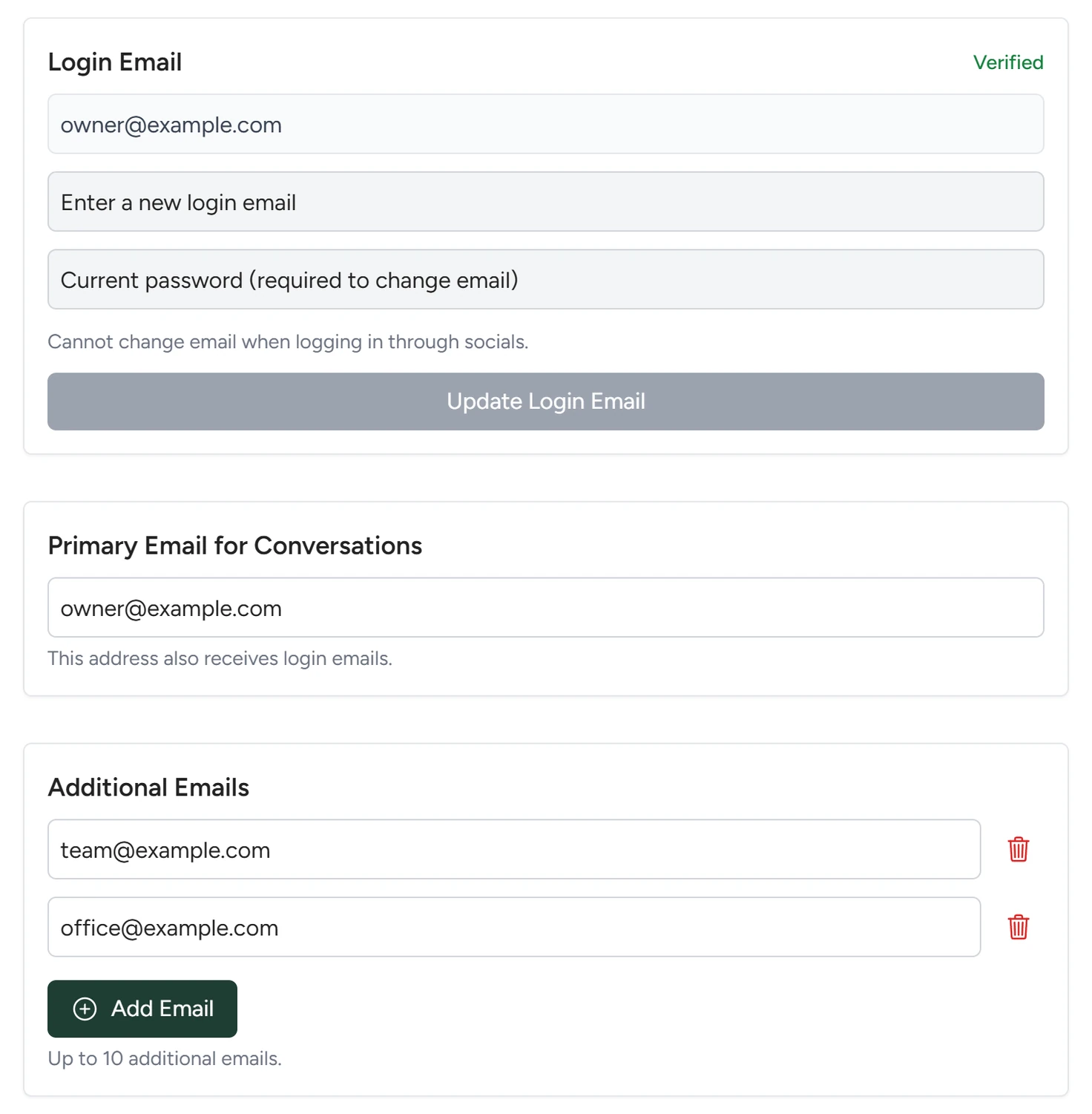 The Admin panel with the Login Email, Primary Email for Conversations and Additional Emails cards