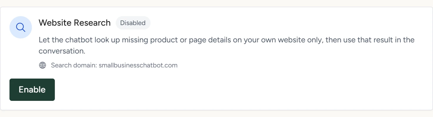 The Website Research card marked Disabled, with the search domain and the Enable button