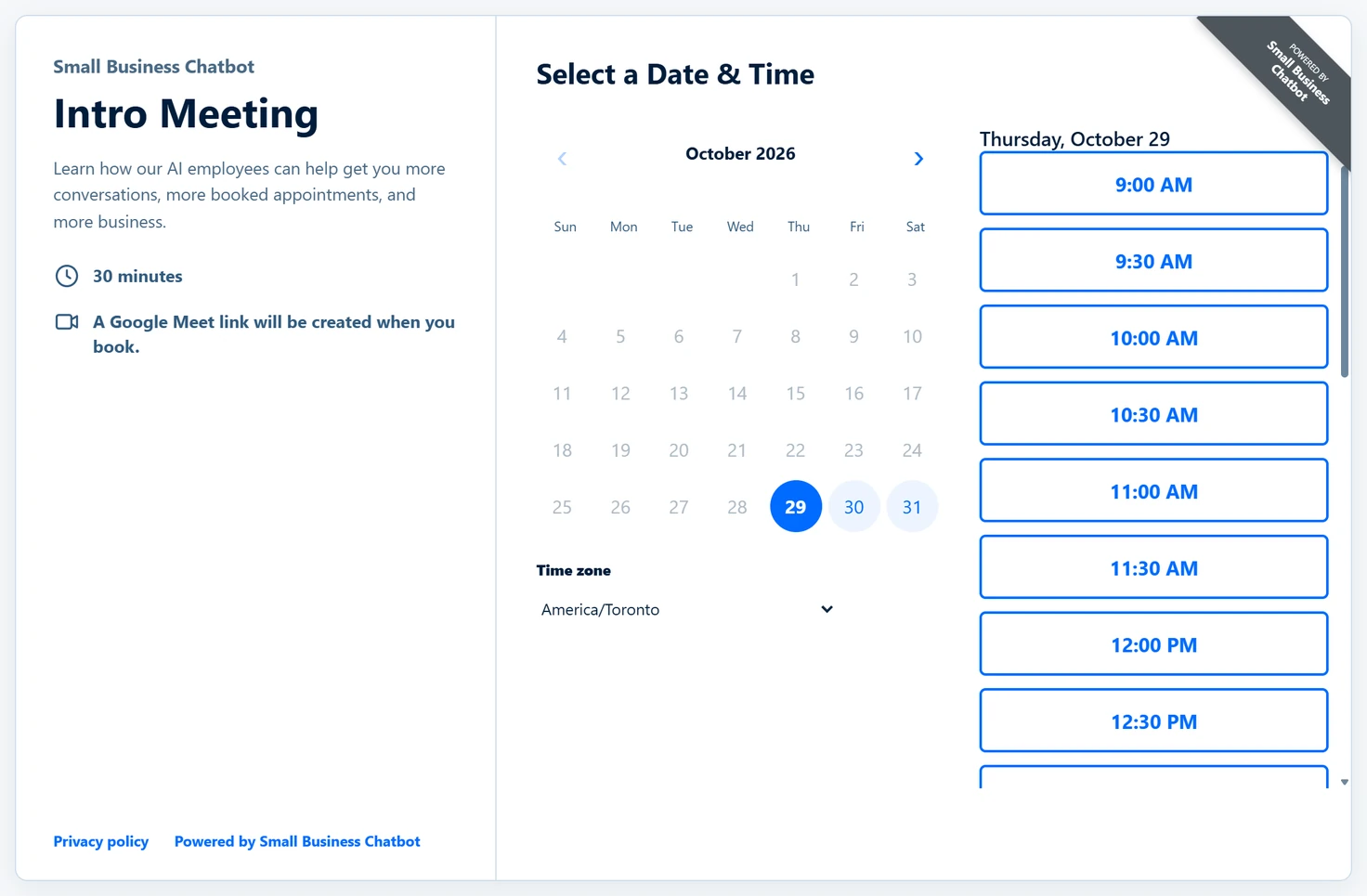 The public booking page with a calendar of dates and buttons for open times