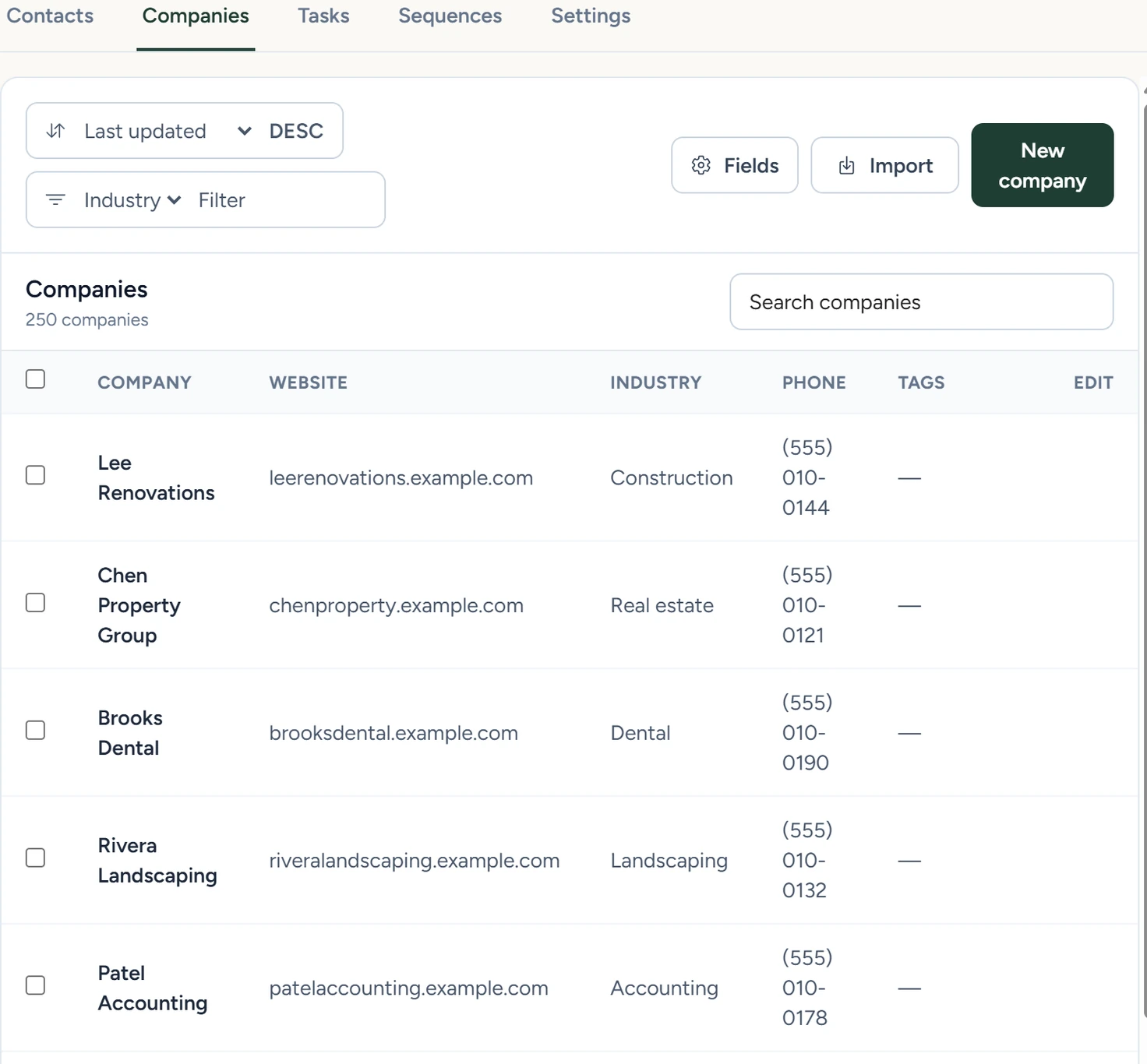 The Companies list with company, website, industry, phone and tags columns