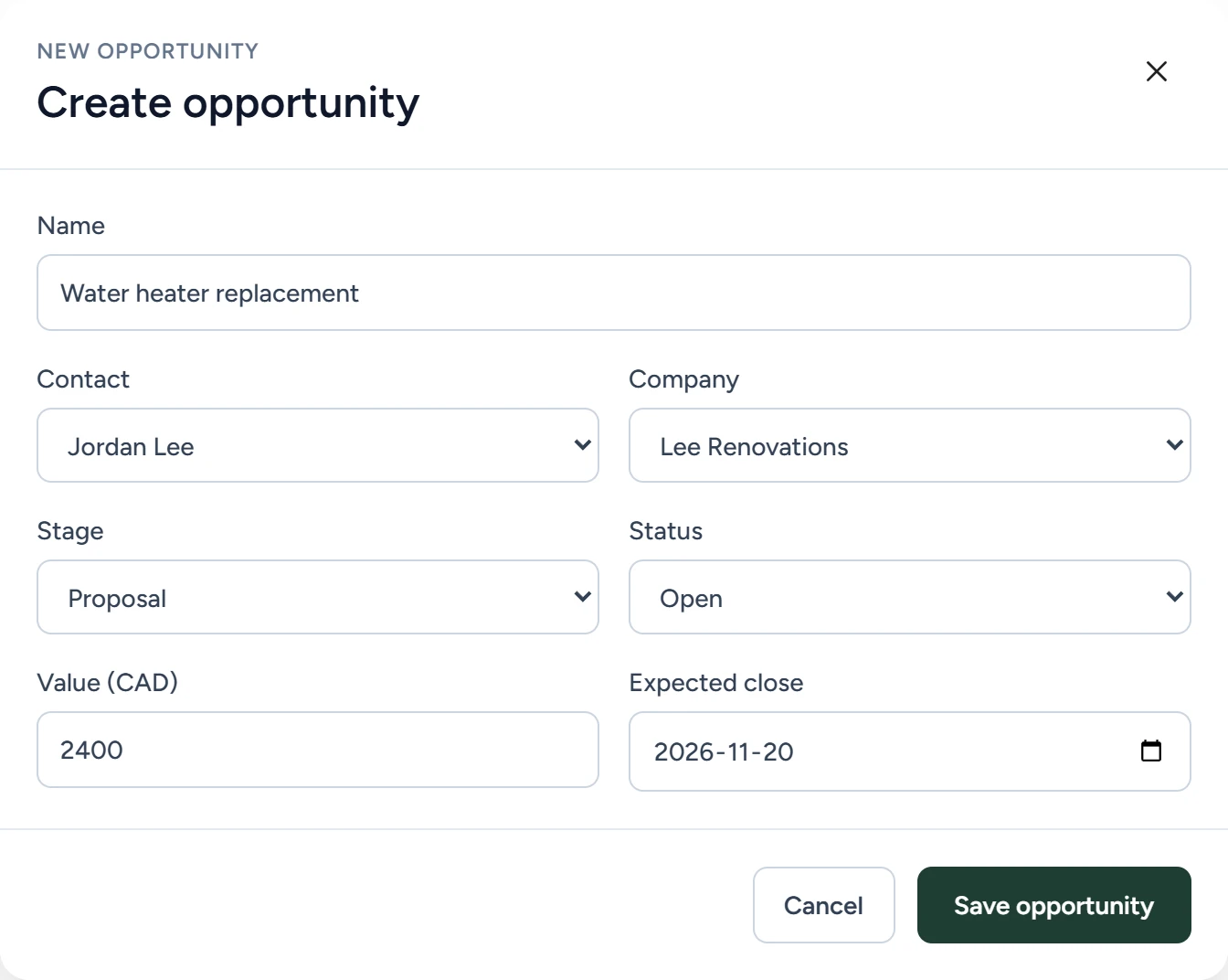 The opportunity form with name, contact, company, stage, status, value and expected close date