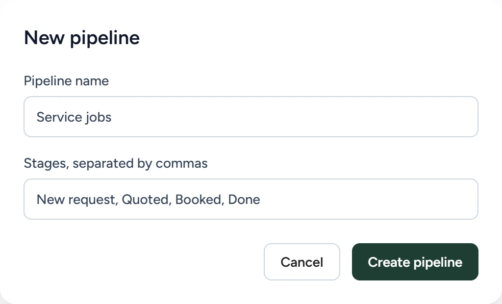 The New pipeline dialog with a pipeline name and four comma-separated stages
