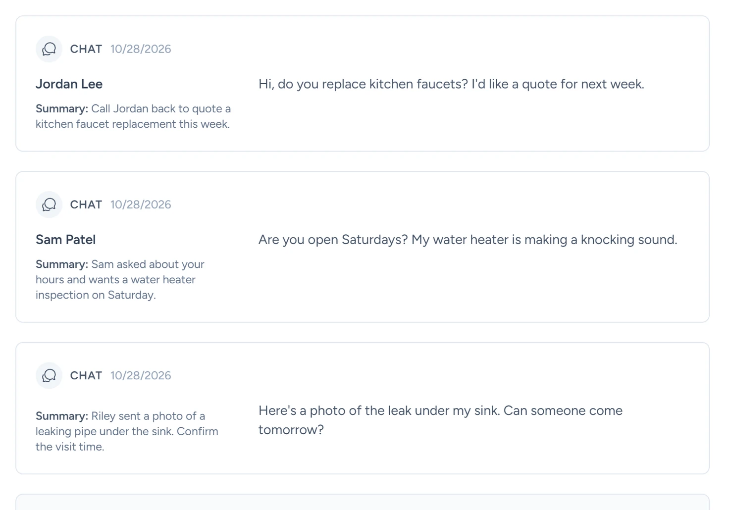 The Conversations list with chat and voice cards showing a name, phone, email, summary and lead score, and a returning visitor group