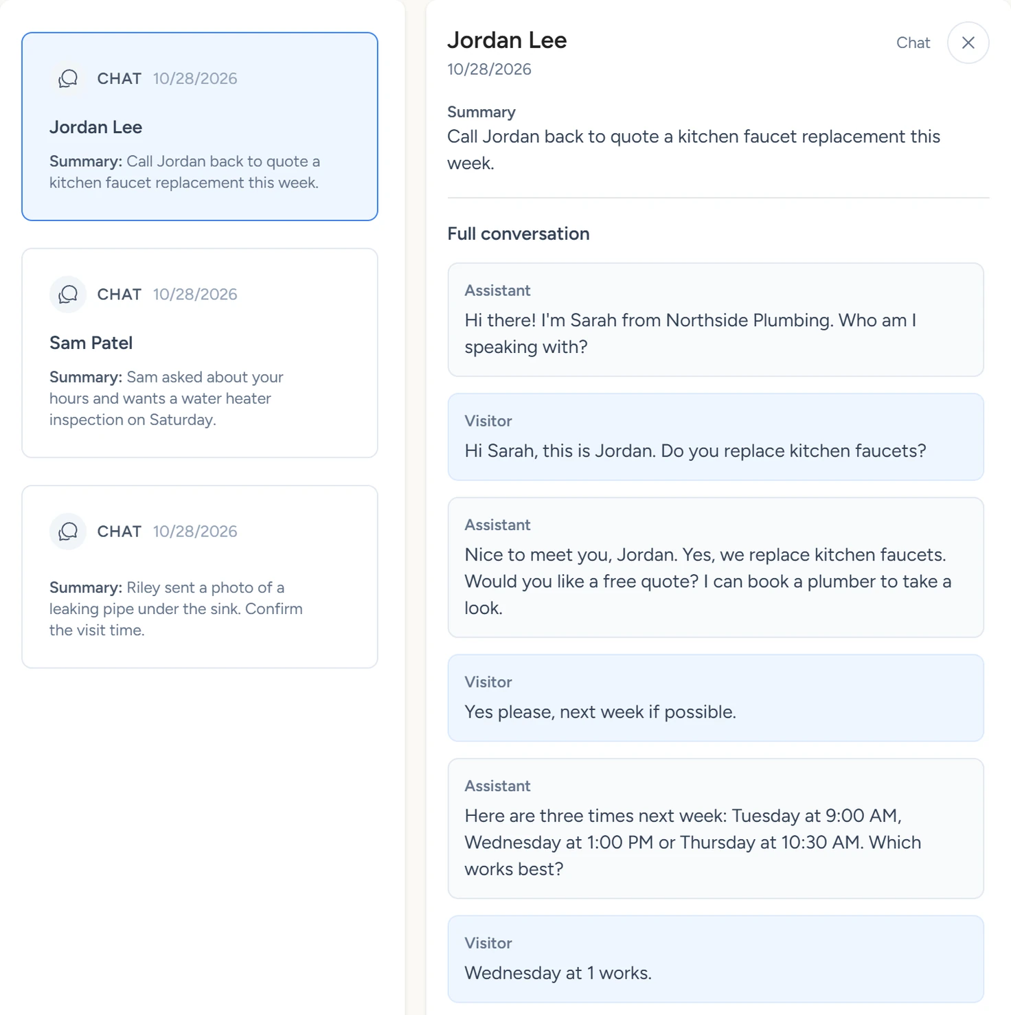 A chat opened in Conversations with the visitor's phone, email, summary, lead score, returning-visitor note, one photo attachment and the transcript