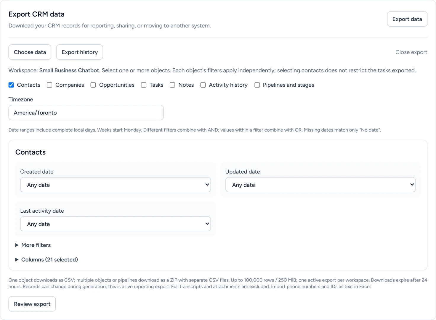 The export setup with Contacts ticked, a timezone, date filters and the Review export button
