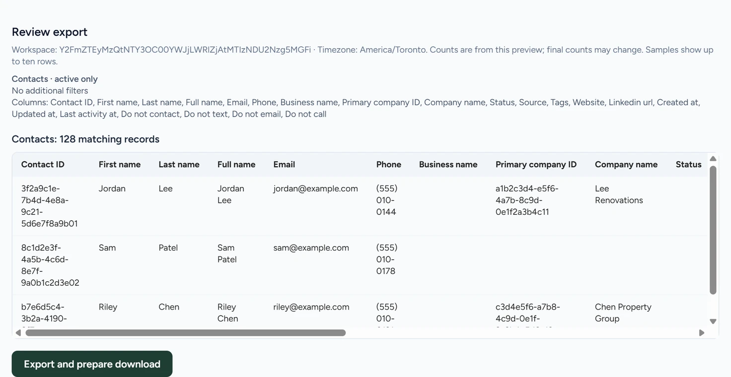 The export review with the number of matching contacts and three sample rows