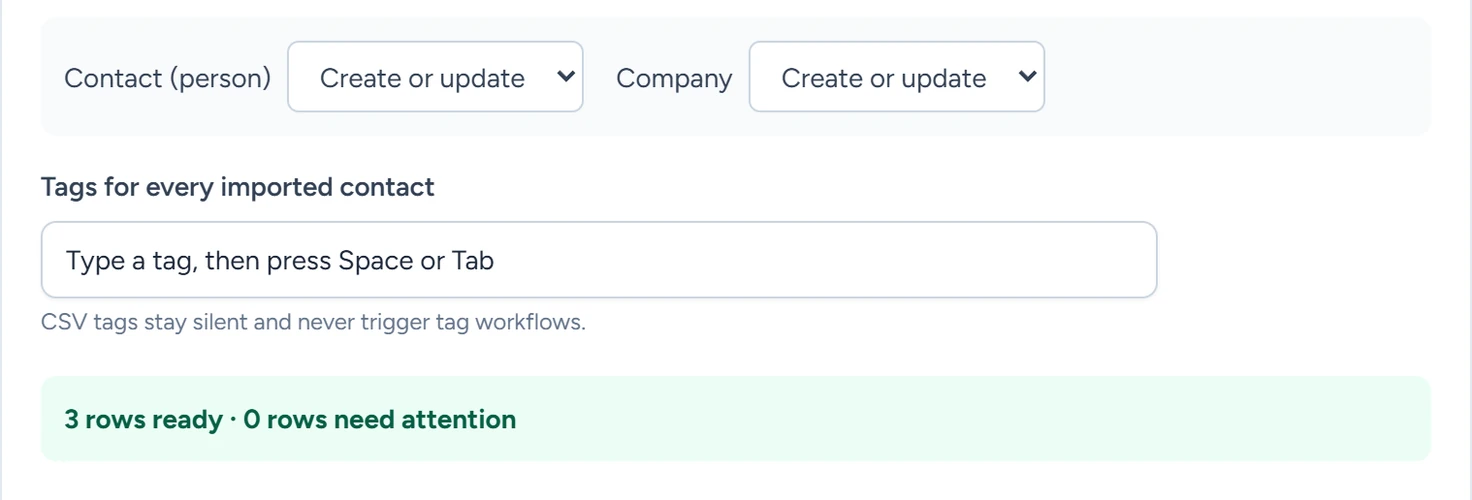 The import options with Create or update for contacts and companies, a tags field, and 3 rows ready with 0 needing attention