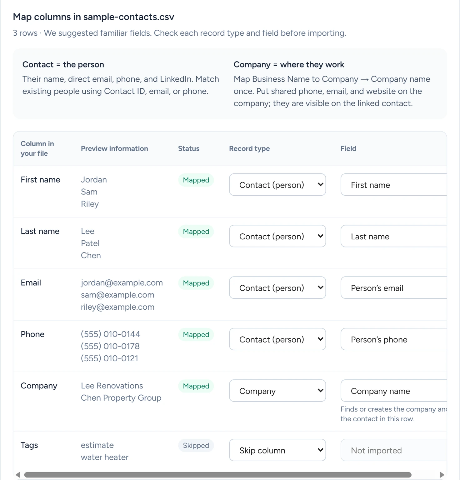 The import mapping table matching First name, Last name, Email, Phone and Company to contact and company fields, with Tags skipped