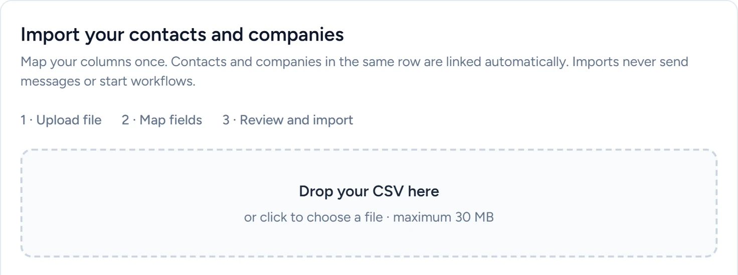 The CSV importer's heading, its three steps and the drop area for a CSV file up to 30 MB