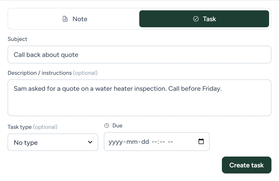 The Activity panel's task form with subject, description, task type set to Call and a due date