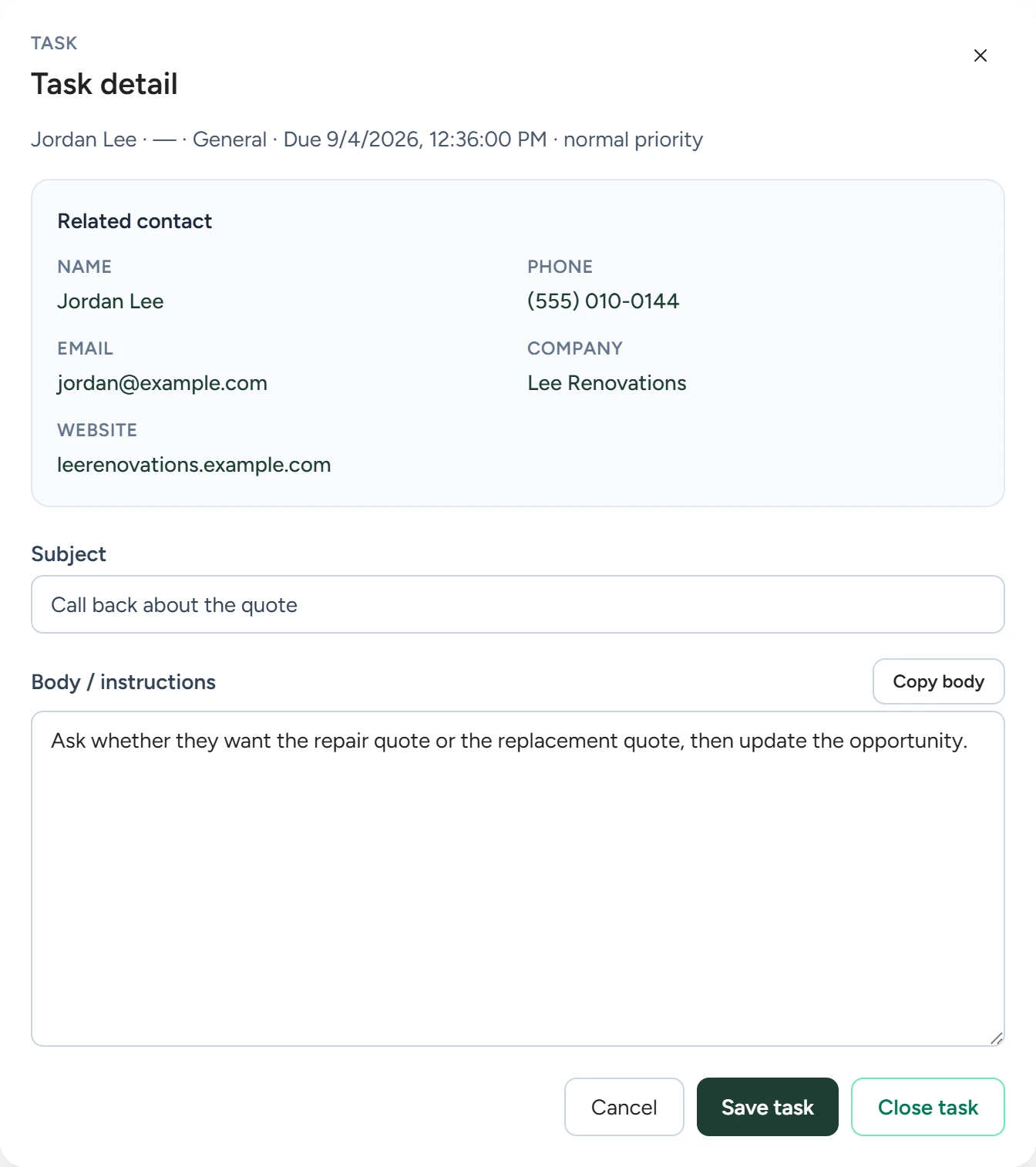 The Task detail dialog with the related contact's details, the subject, the instructions and the Close task button