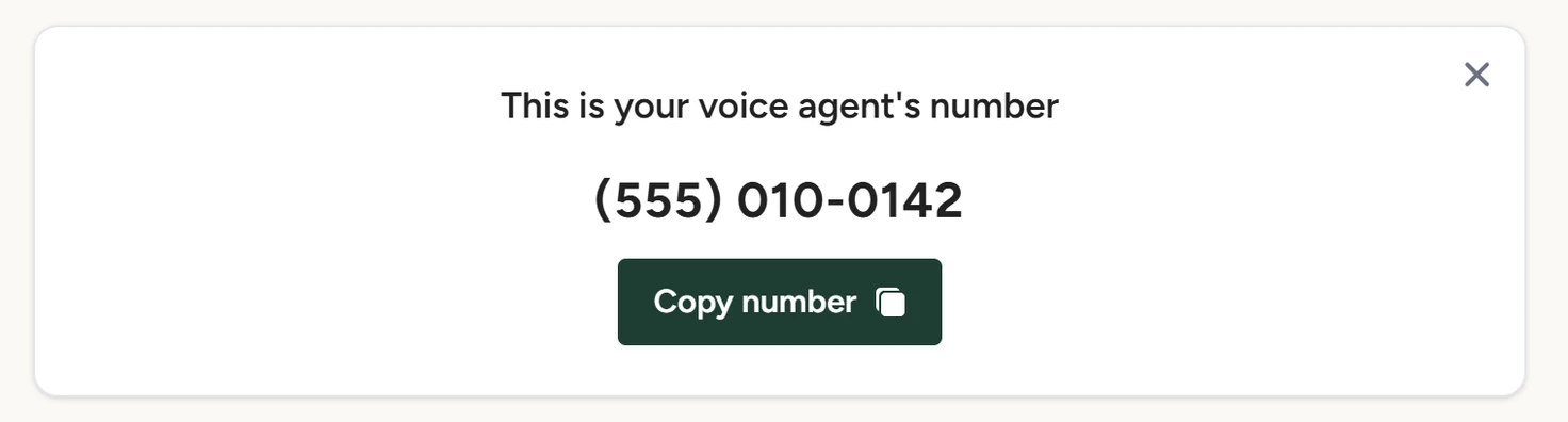 The number card headed 'This is your voice agent's number' with a masked phone number and a Copy number button