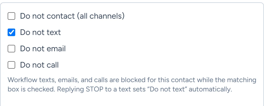The Communication preferences box with Do not text checked and the other three boxes clear