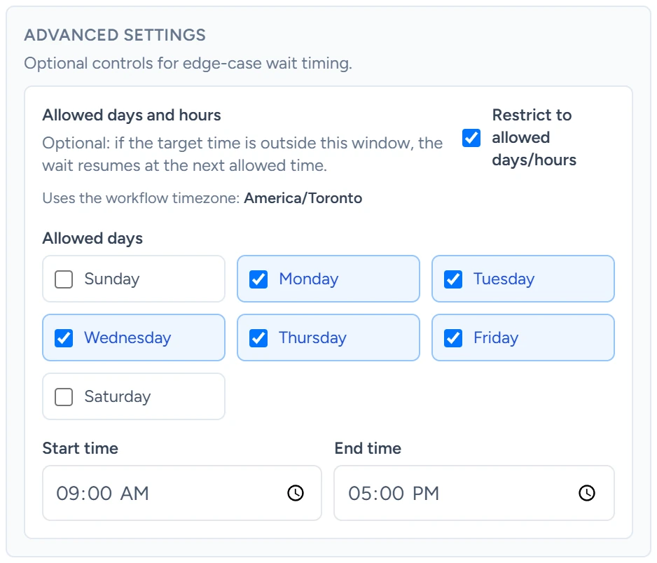 A Wait step restricted to Monday to Friday, 09:00 to 17:00, in the workflow timezone