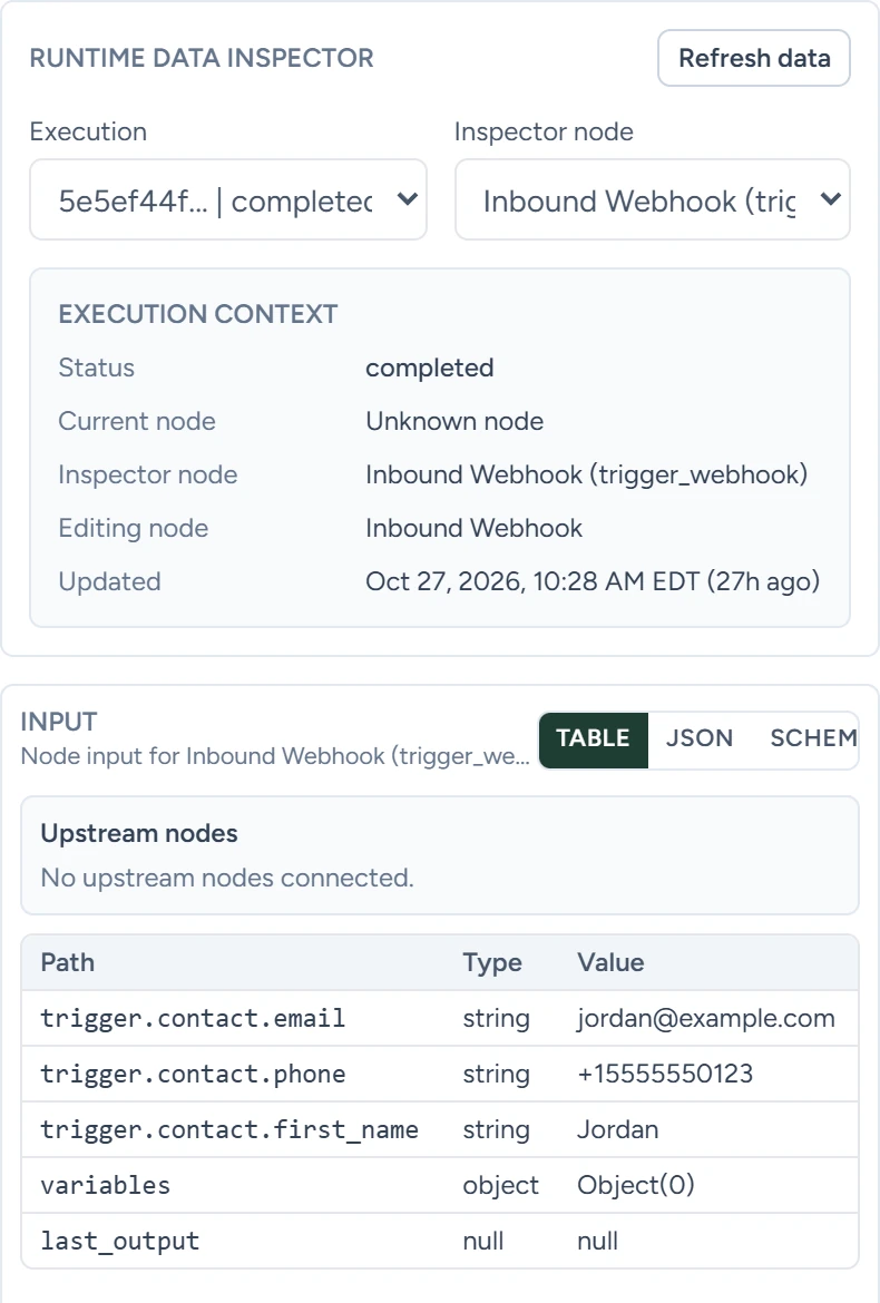 The Runtime data inspector with a run selected and the step's input shown as a table