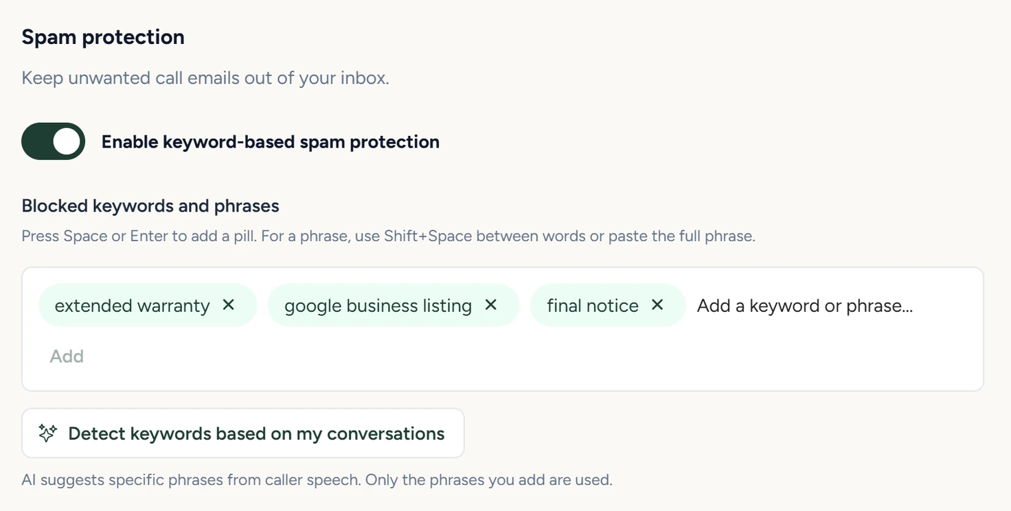 The Spam protection section with its switch on and three blocked phrases: extended warranty, google business listing and final notice