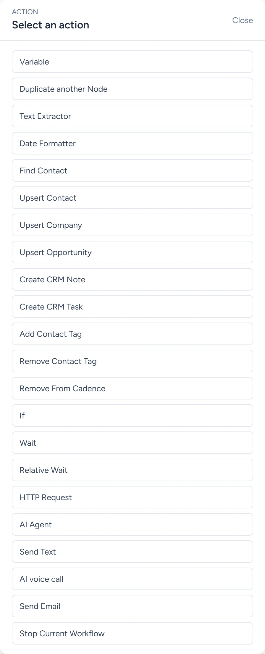 The Select an action dialog listing every workflow step, from Variable to Stop Current Workflow