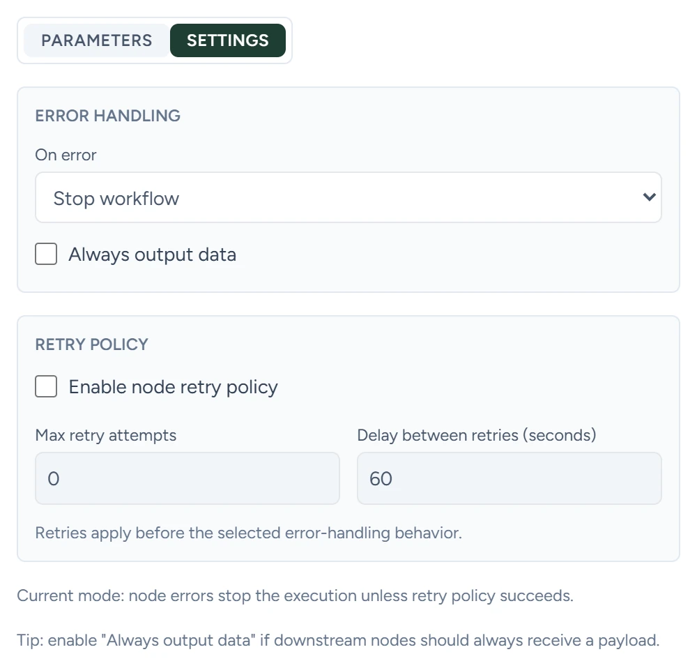 A step's Settings tab with On error set to Stop workflow and the retry policy switched off