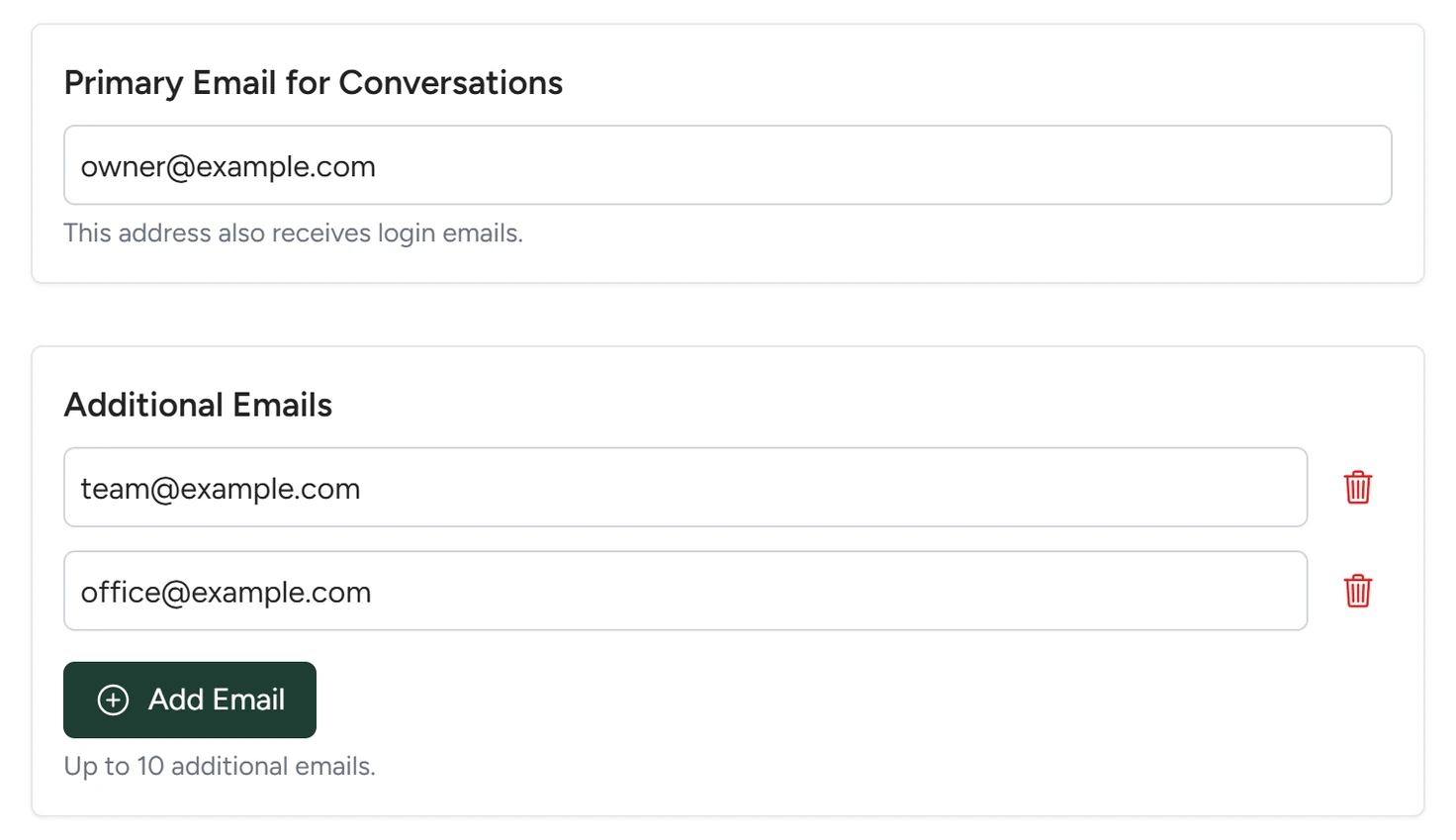 The Admin panel's Primary Email for Conversations field and the Additional Emails list with one extra address and the Add Email button