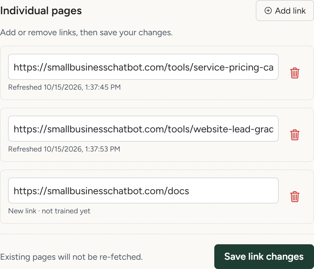 The Individual pages list with two saved pages, one new link marked not trained yet, and the Save link changes button