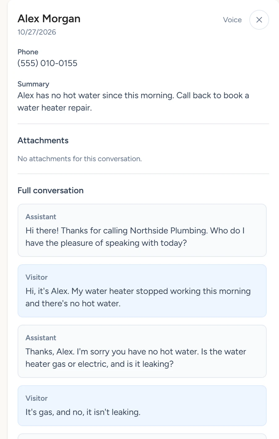 An open call showing its summary and a transcript with lines labelled Visitor and Assistant