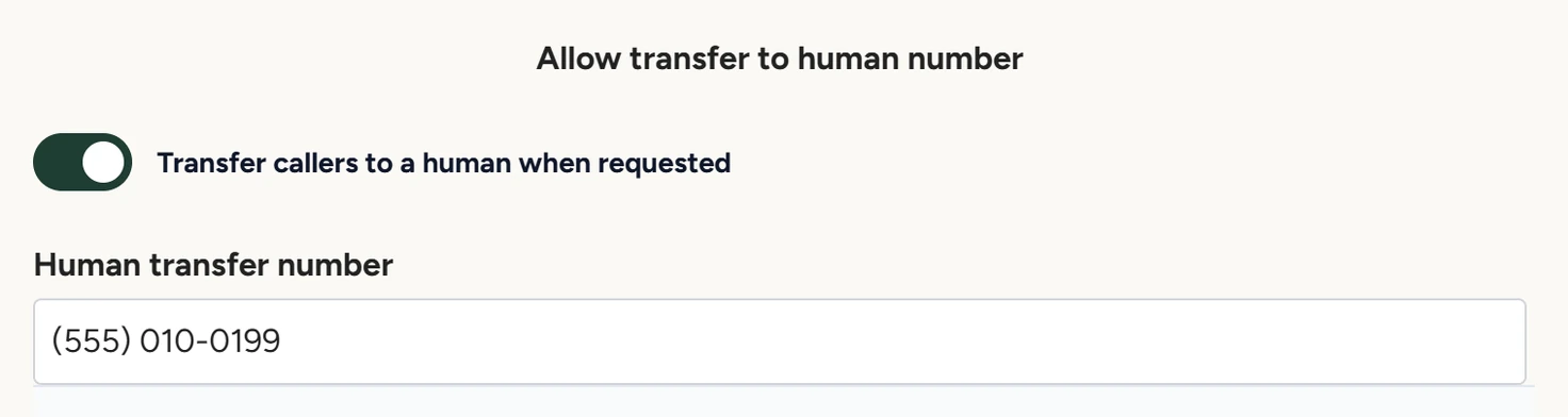 The transfer section with its switch on and a masked number in the Human transfer number field