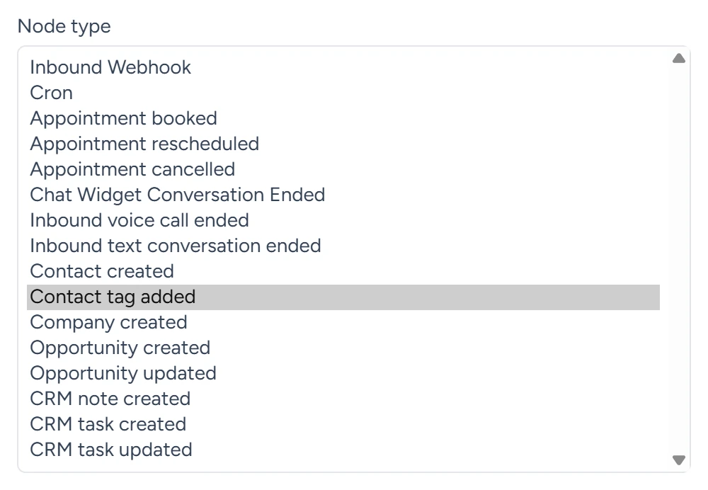 A trigger step's Node type list showing every workflow trigger