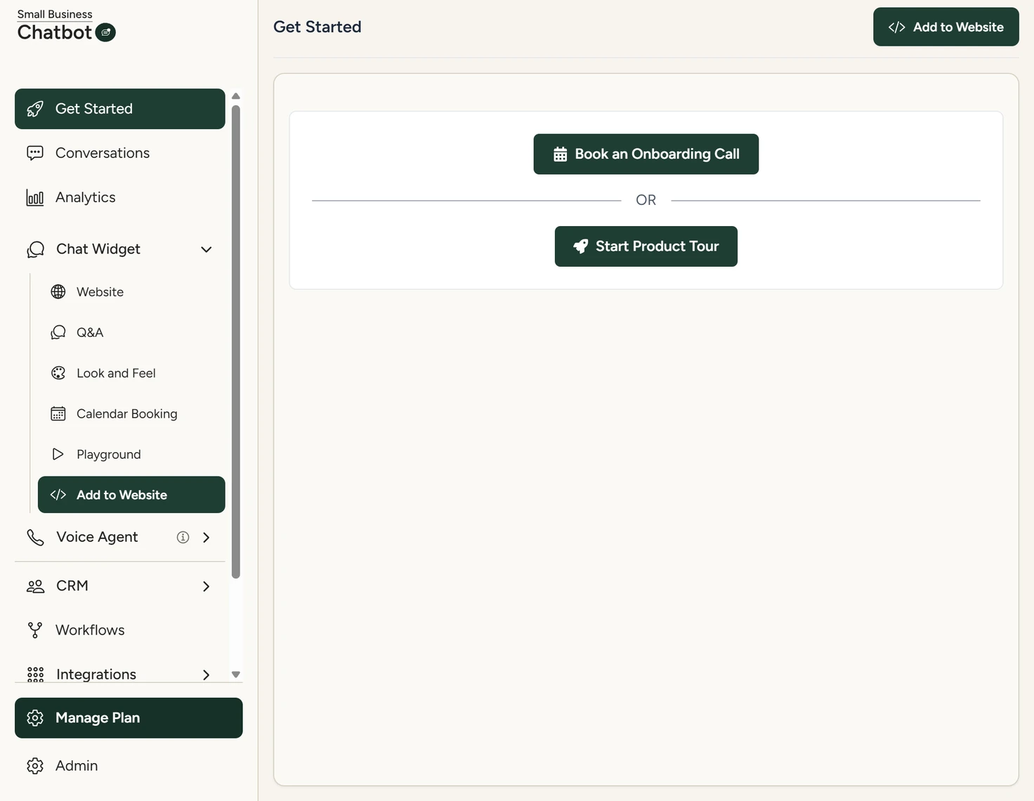 The Small Business Chatbot app with its sidebar on the left and the Get Started panel on the right