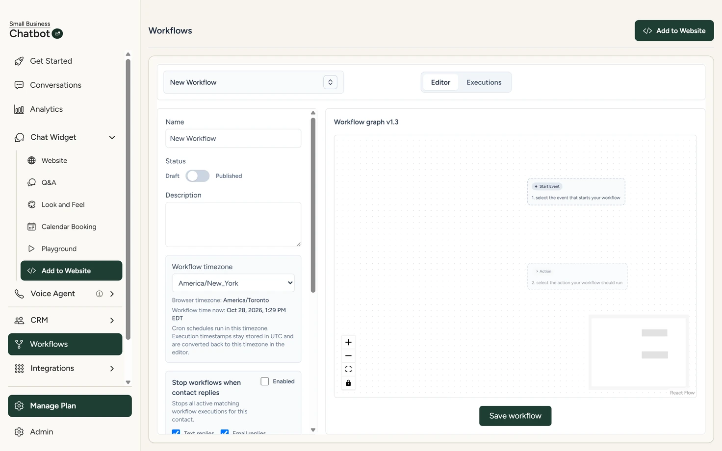 The Workflows panel with a new draft workflow, its Status switch on Draft and an empty canvas showing the Start Event and Action cards