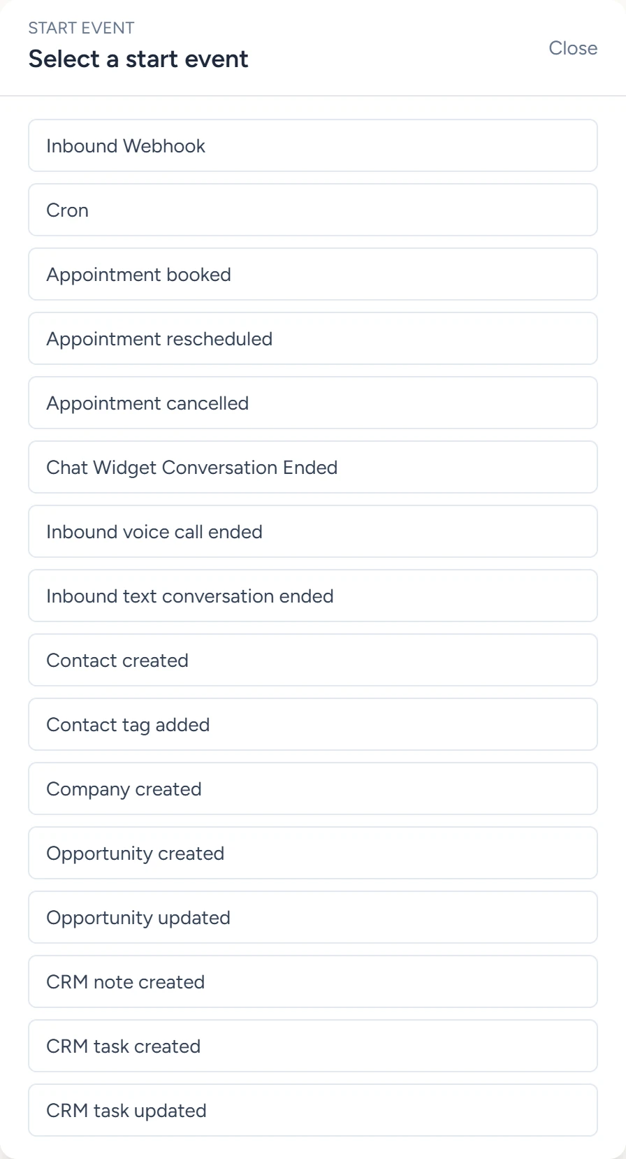 The Select a start event dialog listing every workflow trigger, including Chat Widget Conversation Ended
