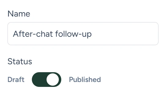 The workflow's Status switch set to Published under the name After-chat follow-up