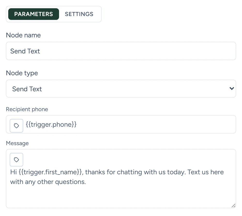 The Send Text step with Recipient phone set to {{trigger.phone}} and a thank-you message that greets the visitor by first name
