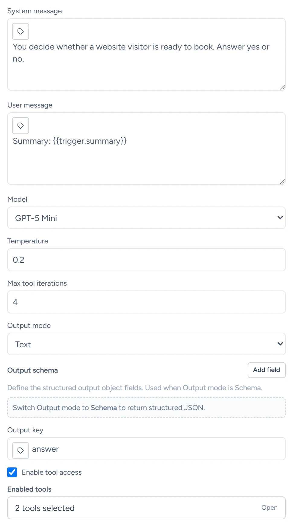 An AI Agent step with a system message asking for a yes or no answer, a user message that inserts the chat summary, model GPT-5 Mini and output mode Text