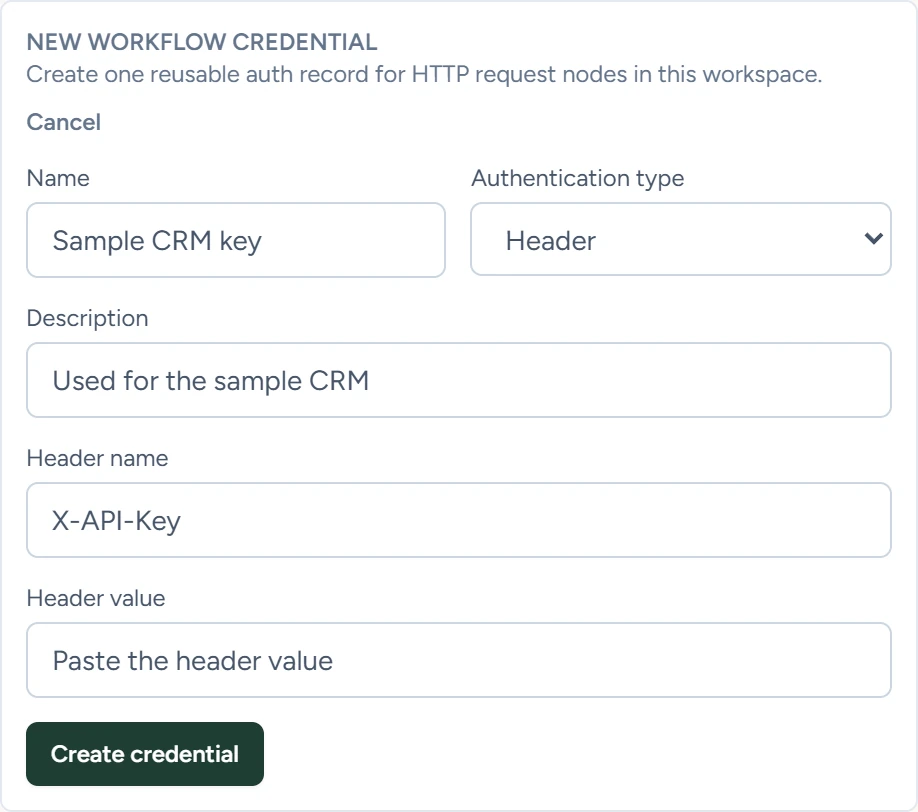 The New workflow credential form with the name Sample CRM key, type Header and header name X-API-Key