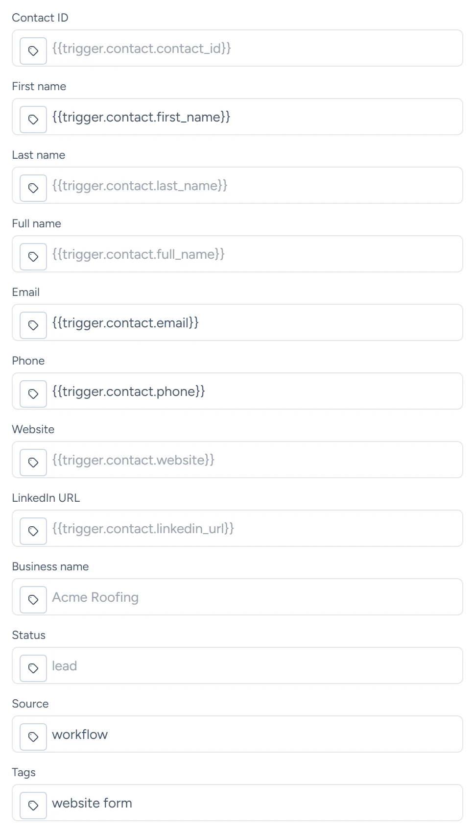 An Upsert Contact step filled with variables from an inbound webhook and the tag website form